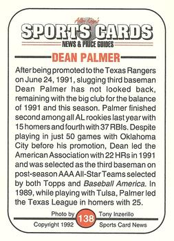 1991 Allan Kaye's Sports Cards News Magazine - Standard-Sized 1992 #138 Dean Palmer Back