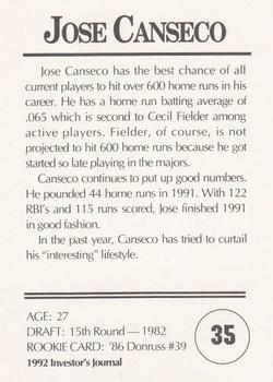 1992 Investor's Journal #35 Jose Canseco Back