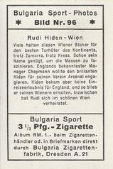 1932 Bulgaria Sport Photos #96 Rudolf Hiden Back