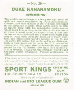 1986 1933 Sport Kings Reprint #20 Duke Kahanamoku Back