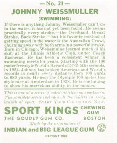 1986 1933 Sport Kings Reprint #21 Johnny Weissmuller Back