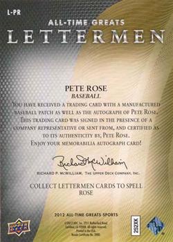 2012 Upper Deck All-Time Greats - Lettermen Patch Autograph #L-PR Pete Rose Back