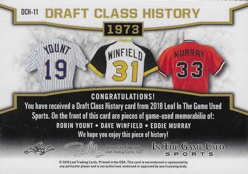 2018 Leaf In The Game Used Sports - Draft Class History Relics Silver Prismatic #DCH-11 Robin Yount / Dave Winfield / Eddie Murray Back