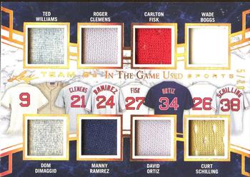 2018 Leaf In The Game Used Sports - Team 8’s Relics #T8-04 Ted Williams / Dom DiMaggio / Roger Clemens / Manny Ramirez / Carlton Fisk / David Ortiz / Wade Boggs / Curt Schilling Front