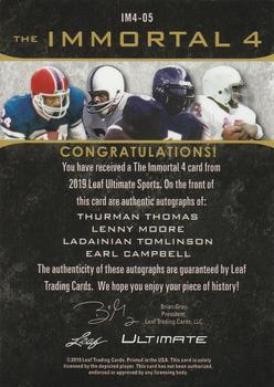 2019 Leaf Ultimate Sports - The Immortal 4 Signatures Silver #IM4-05 Thurman Thomas / Lenny Moore / LaDainian Tomlinson / Earl Campbell Back