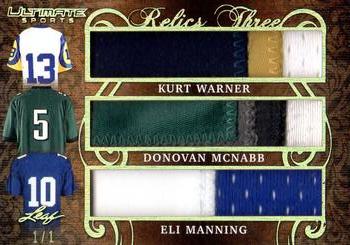 2019 Leaf Ultimate Sports - The Ultimate Relics 3 Gold #UR3-20 Kurt Warner / Donovan McNabb / Eli Manning Front