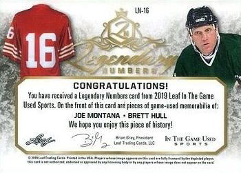 2019 Leaf In the Game Used - Legendary Numbers Dual Relics Red #LN-16 Joe Montana / Brett Hull Back