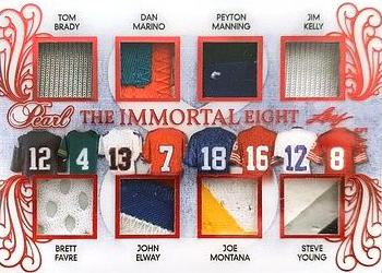 2018-19 Leaf Pearl - The Immortal 8 Relics - Red #TIE-05 Tom Brady / Brett Favre / Dan Marino / John Elway / Peyton Manning / Joe Montana / Jim Kelly / Steve Young Front