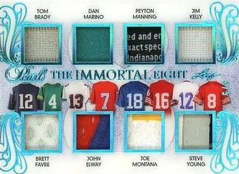 2018-19 Leaf Pearl - The Immortal 8 Relics - Platinum #TIE-05 Tom Brady / Brett Favre / Dan Marino / John Elway / Peyton Manning / Joe Montana / Jim Kelly / Steve Young Front