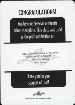 2019 Leaf In the Game Used - Fantastic Fabrics 8 Relics Printing Plates Cyan #FF-12 Kevin Garnett Back