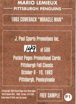 1992-94 Pocket Pages Cards - Show Free Samples #P1 Mario Lemieux Back