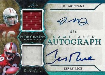 2020 Leaf In The Game Used Sports - In the Game Used Dual Autographs Platinum Blue Spectrum Foil #GUDA-08 Joe Montana / Jerry Rice Front