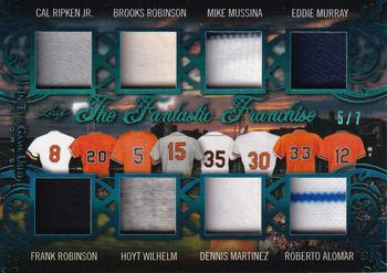 2020 Leaf In The Game Used Sports - The Fantastic Franchise Relics Platinum Blue Spectrum Foil #TFF-15 Cal Ripken Jr. / Frank Robinson / Brooks Robinson / Hoyt Wilhelm / Mike Mussina / Dennis Martinez / Eddie Murray / Roberto Alomar Front