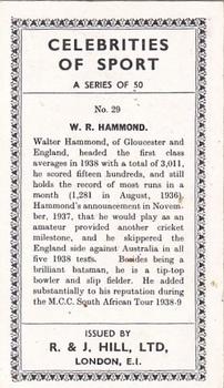 1939 R&J Hill Celebrities of Sport #29 Walter Hammond Back