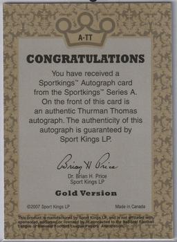 2007 Sportkings Series A - Autograph Gold #A-TT Thurman Thomas Back