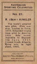 1932 Godfrey Phillips Australian Sporting Celebrities #21 Bert Hinkler Back