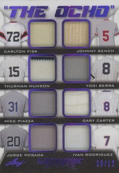 2021 Leaf Ultimate Sports - The Ocho Relics Purple Spectrum Holofoil #TO-14 Carlton Fisk / Johnny Bench / Thurman Munson / Yogi Berra / Mike Piazza / Gary Carter / Jorge Posada / Ivan Rodriguez Front