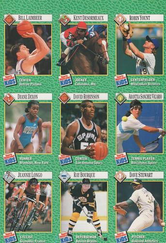 1990 Sports Illustrated for Kids - Original 9-Card Sheets #127-135 Robin Yount / Kent Desormeaux / Bill Laimbeer / Arantxa Sanchez Vicario / David Robinson / Diane Dixon / Dave Stewart / Ray Bourque / Jeannie Longo Front