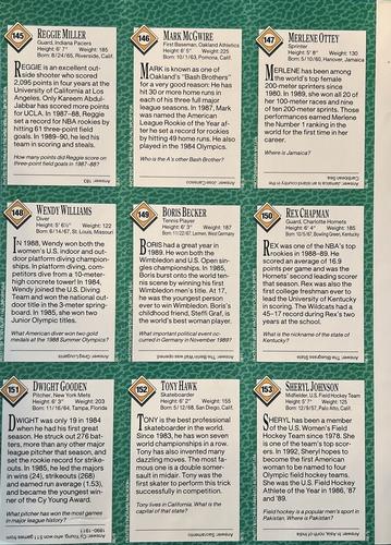 1990 Sports Illustrated for Kids - Original 9-Card Sheets #145-153 Reggie Miller / Mark McGwire / Merlene Ottey / Wendy Williams / Boris Becker / Rex Chapman / Dwight Gooden / Tony Hawk / Sheryl Johnson Back