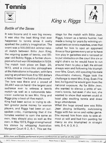 1977-80 Sportscaster Series 11 (UK) #11-20 King v. Riggs Back