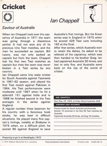 1977-80 Sportscaster Series 2 (UK) #02-14 Ian Chappell Back