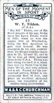 1928 Churchman's Men of the Moment In Sport #43 Bill Tilden Back