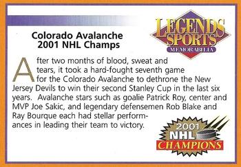 2001 Legends Sports Memorabilia #NNO Colorado Avalanche Back