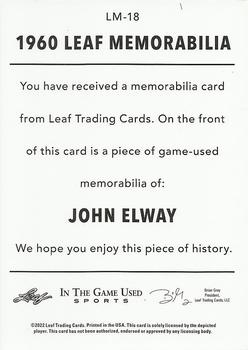 2022 Leaf In The Game Used Sports - 1960 Leaf Relics Red #LM-18 John Elway Back