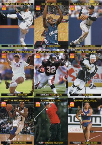 1999 Sports Illustrated for Kids - Original 9-Card Sheets #802-810 Alex Rodriguez / Eddie Jones / Trevor Hoffman / Mike Modano / Jamal Anderson / Danielle Fotopoulos / Emma George / David Duval / Mitch Richmond Front