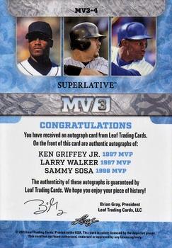 2023 Leaf Superlative Sports - MV3 Silver Sparkle Spectrum Holofoil #MV3-4 Ken Griffey Jr. / Larry Walker / Sammy Sosa Back