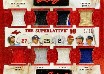 2023 Leaf Superlative Sports - The Superlative 16 Red Spectrum Holofoil #TS16-6 Ken Griffey Jr. / Mike Trout / Cal Ripken Jr. / Barry Bonds / Derek Jeter / Albert Pujols / Chipper Jones / Don Mattingly / Ichiro / Frank Thomas / Mike Piazza / Manny Ramirez / Mark McGwire / Rickey Henderson / Jeff Bagwell / Vladimir Guerrero Front