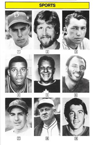 1985 KTO Inteleisure Whoozit? Sports #NNO Pee Wee Reese / Garry Unger / Mel Harder / Maurice Stokes / Turk Broda / Mel Blount / Phil Rizzuto / John McGraw / Jim Zorn Front