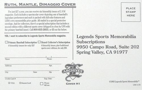1993-94 Legends Sports Memorabilia Archives Postcards (Subscriptions offer) #NNO Joe DiMaggio / Mickey Mantle / Babe Ruth Back
