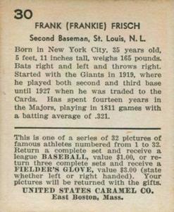 1933 U.S. Caramel (R328) #30 Frankie Frisch Back