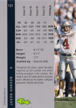 1992 Classic Four Sport #131 Jason Hanson Back