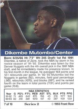 1993 Front Row Gold Collection Series 2 #7 Dikembe Mutombo Back