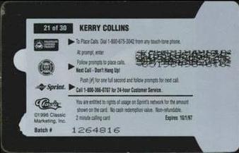 1996 Classic Clear Assets - Phone Cards $2 #21 Kerry Collins Back