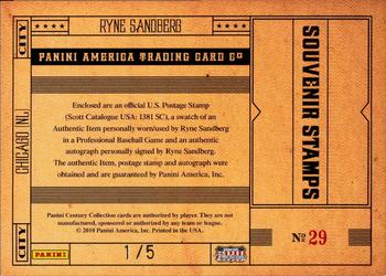 2010 Panini Century - Baseball Six Cent Stamp Materials Prime Autographs #29 Ryne Sandberg Back