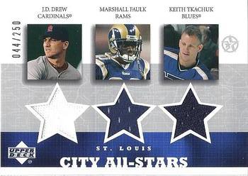 2002-03 UD SuperStars - City All-Stars Triple Jersey #JD/MF/KT-C JD Drew / Marshall Faulk / Keith Tkachuk Front