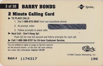 1996 Classic Assets - Phone Cards $2 Hot Prints #3 Barry Bonds Back