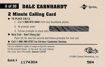 1996 Classic Assets - Phone Cards $2 Hot Prints #6 Dale Earnhardt Back