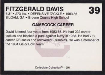 1991 Collegiate Collection South Carolina Gamecocks #39 Fitzgerald Davis Back
