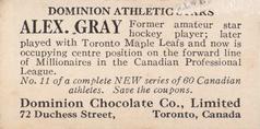 1928-29 Dominion Chocolate Athletic Stars #11 Alex Gray Back