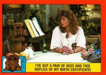 1988 O-Pee-Chee Alf #73 I've got a pair of aces and this replica of my birth certificate! Front