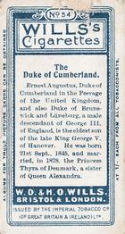 1908 Wills's European Royalty #54 The Duke of Cumberland Back
