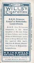 1908 Wills's European Royalty #62 Princess Alexandra of Hohenlohe-Langenbourg Back