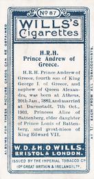 1908 Wills's European Royalty #87 Prince Andrew of Greece Back