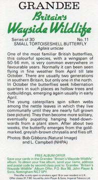 1988 Grandee Britain's Wayside Wildlife #11 Small Tortoiseshell Butterfly Back