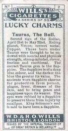 1923 Wills's Lucky Charms #2 Taurus, The Bull. Back