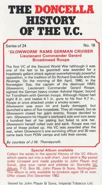1980 Player's The Doncella History of the V.C. #18 Glowworm' Rams German Cruiser - Lieutenant Commander Gerard Broadmead Roope Back